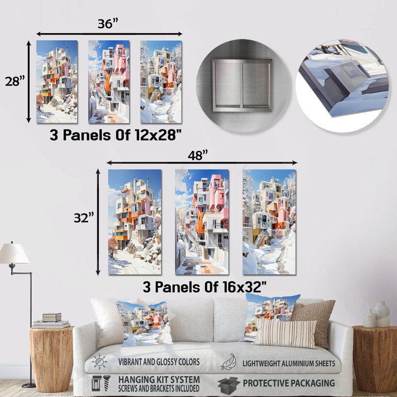De Stijl, ville moderne en hiver - ensemble d'art mural en métal neige 3 pièces, H 28 po x l 36 po