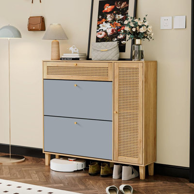 Rattan Shoe Cabinet with Flip Drawers