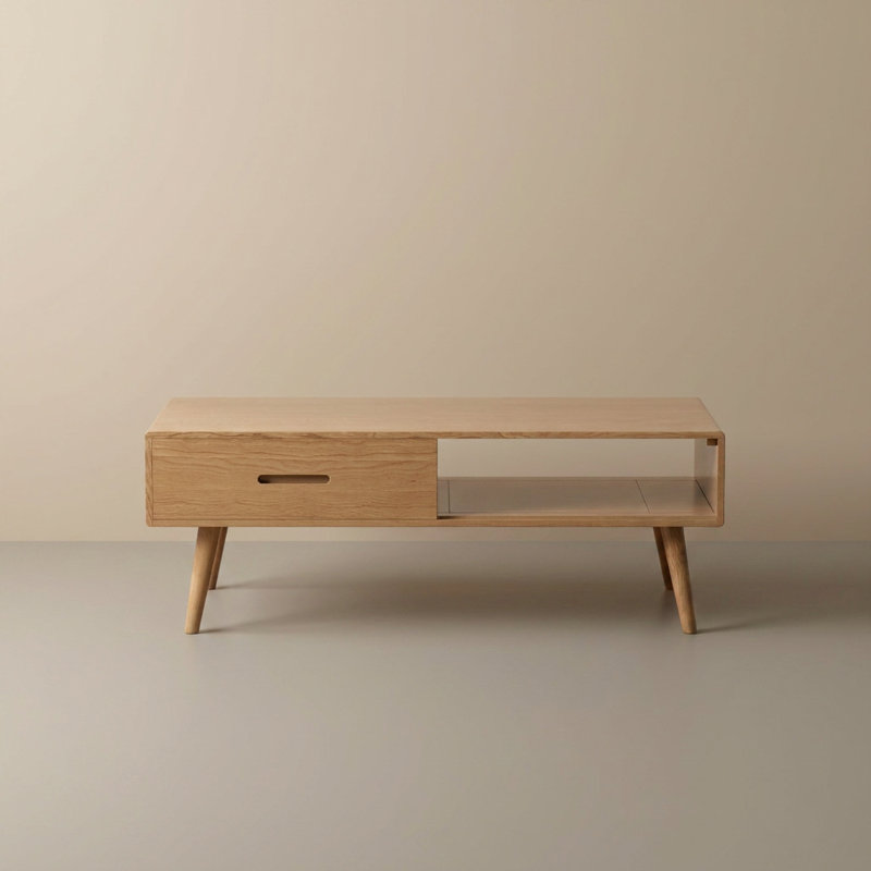 39"W Solid Oak Mid-Century Modern Coffee Table with Drawer, 16.93" H x 39.37" L x 22.05" W, Natural Oak