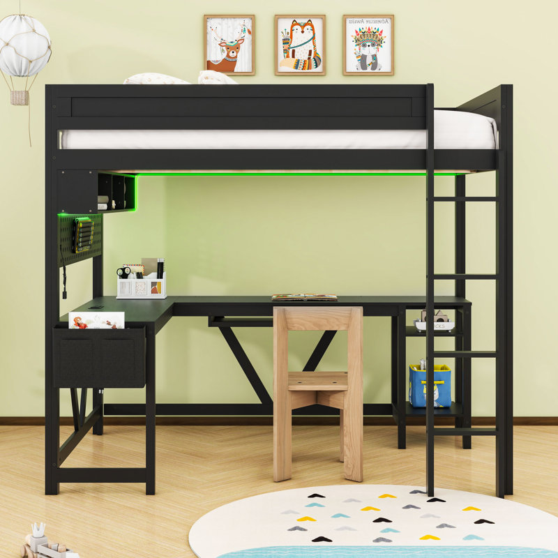Full Wood Loft Bed With LED Light Strip, Desk, Storage Shelves And Charging Station, Black
