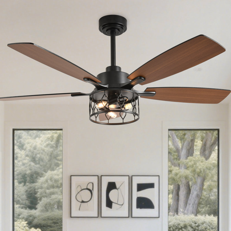 Ventilateur de plafond noir moderne 52 po avec ensemble d'éclairage et moteur à courant continu réversible à 5 pales et 6 pales pour salon