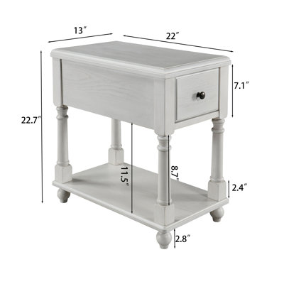 Wexford Collection Set of 2 Rectangular Solid Wood End Tables with Drawer and Storage Shelf, Mid-Century Modern Narrow Side Tables with 4 Legs for Living Room, Bedroom and Small Spaces Ivory
