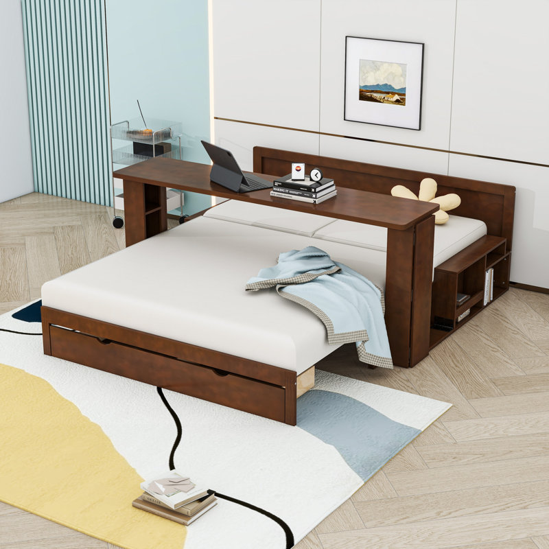 Multifunctional Daybed with Drawers and Desk,Shelves, Espresso, Queen