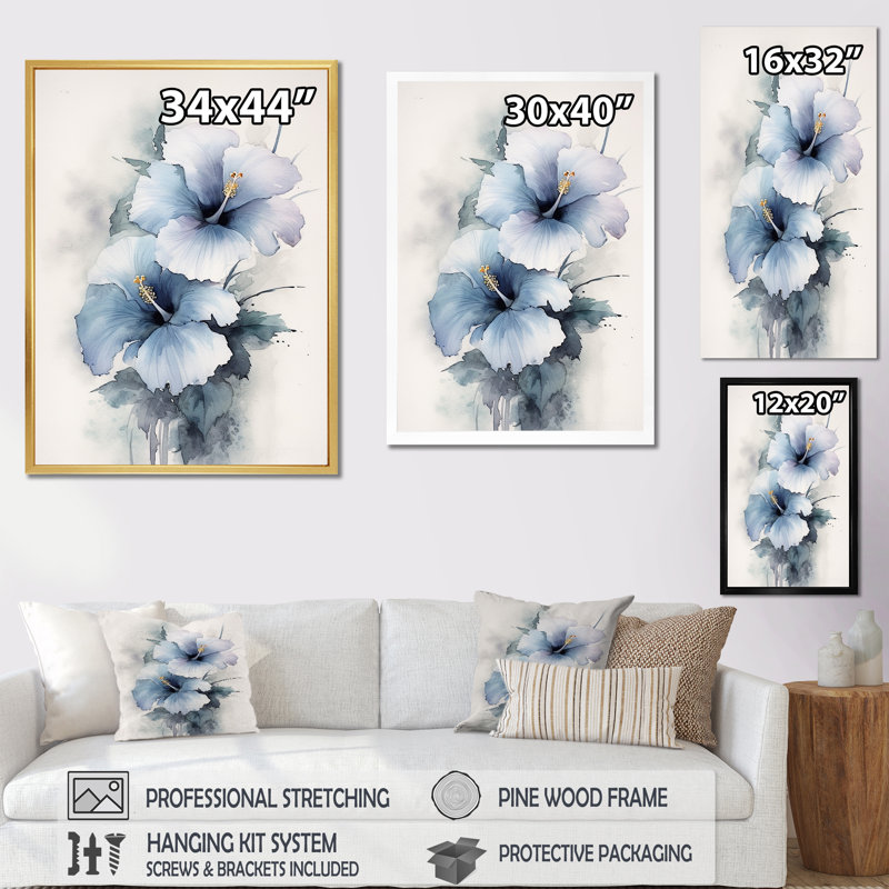 Blue Hibiscus Harmony I, reproduction d'art sur toile, H 32 po x l 24 po x P 1 po, Cadre naturel flottant