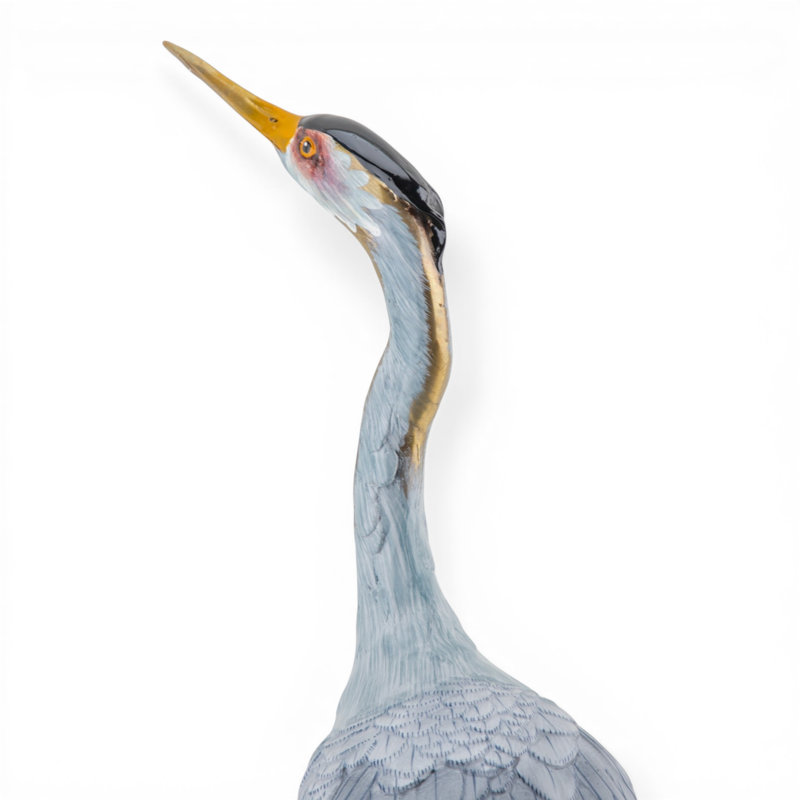 Luxury Porcelain Heron Sculpture with Bronze Rim Base