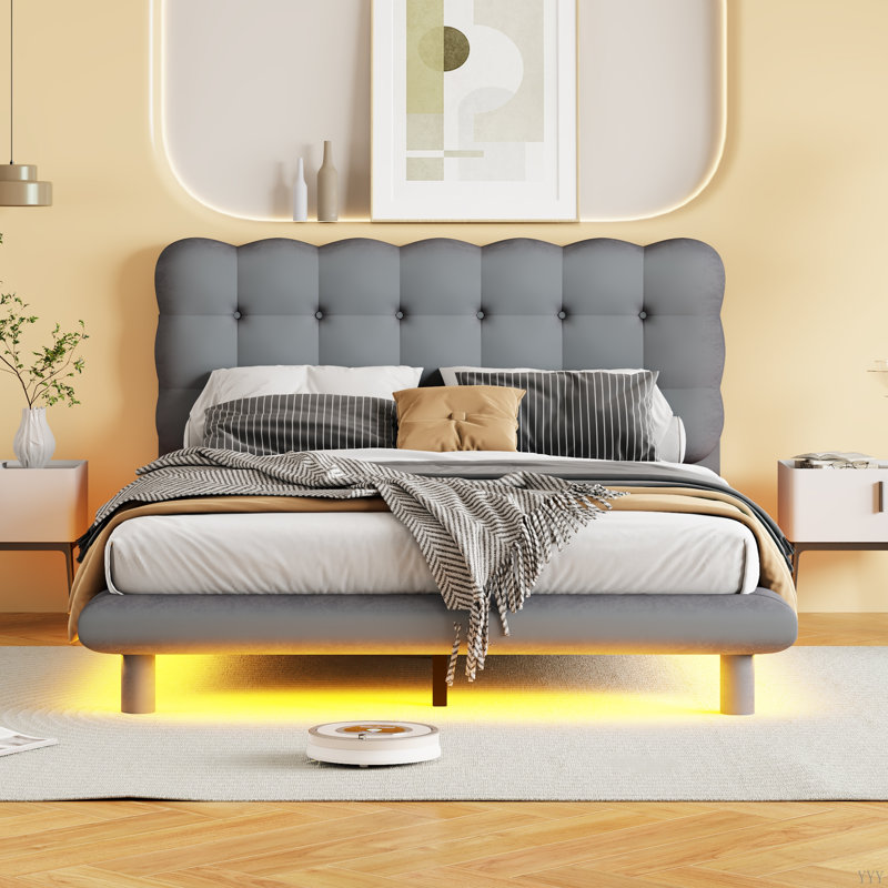 Lit plateforme en velours avec cadre à DEL, tissu épais et doux et tête de lit capitonnée, Lit double