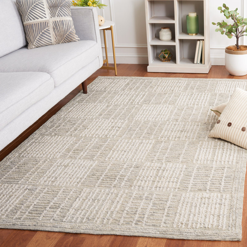Tapis géométrique en coton touffeté à la main à motif abstrait ivoire / gris Wigbrecht, Rectangle 4 pi x 6 pi