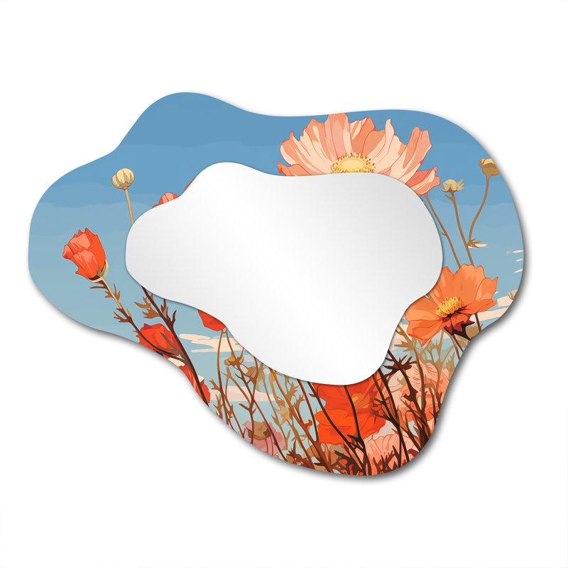 Red Poppies Retro Blue Sky - miroir décoratif nuage coquelicot, miroir mural asymétrique traditionnel, impression d'art en métal
