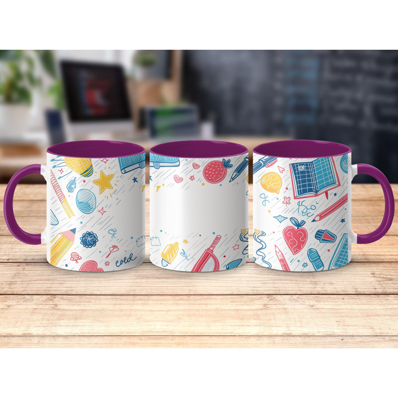Kids Drawing Style 11oz Accent Mugs – Ceramic Coffee Cup with a Purple Handle and Interior