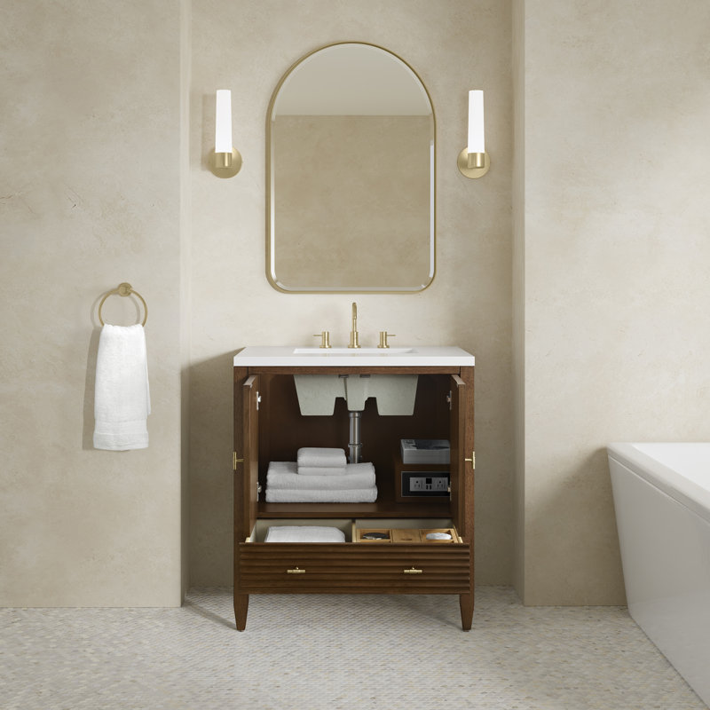 Myrrin 30" W Single Vanity, White Zeus Silestone, Mid-Century Walnut, 8" Widespread