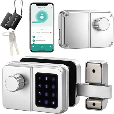 Serrure intelligente SEPOX, serrure de porte d'extérieur pour clôture et porte de garage, carte électronique de serrure électronique sans clé, code d'accès et clé mécanique, serrure de bord imperméable pour jardin extérieur (argent, unité simple)