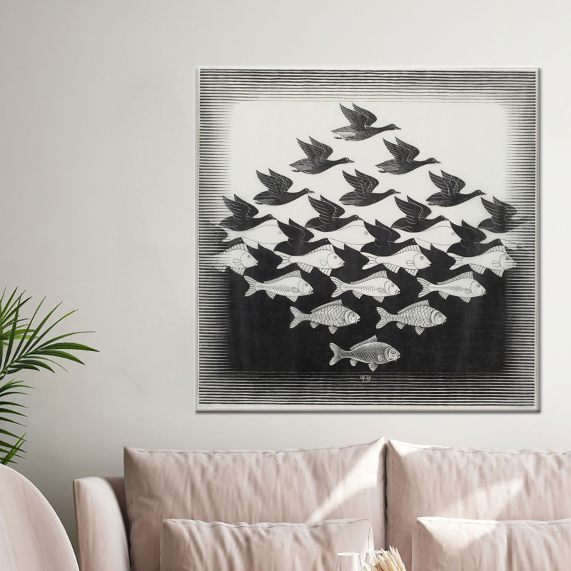«Escher Sky and Water», art mural noir et blanc, toile tendue 1P, H: 11,8 po x l: 11,8 po