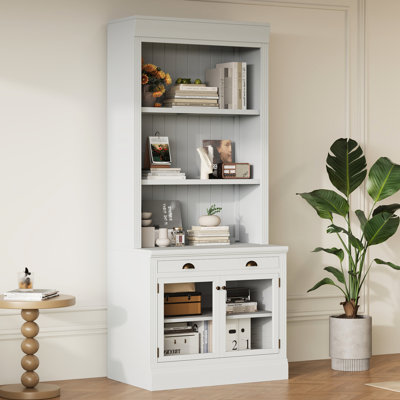 White Modern 83.4" Tall Bookcase With 2 Tempered Glass Doors, 1 Drawer, Adjustable Shelf And - Oxidation Drawer Hardware Solid Wood, Board Rectangle 3 Open Shelves For Bedroom Organization Wood
