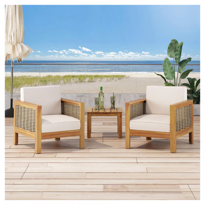 Set of 2, Outdoor Acacia Wood Club Chair with Wicker Accents, Teak Finish + , 30.25"D x 27.5"W x 23.75"H