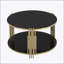 Table basse noire à miroir avec base asymétrique en métal, finition dorée et tablette inférieure pour des espaces de vie élégants