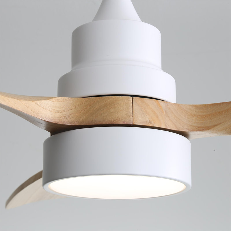 Ventilateur de plafond en bois massif 48 po avec lumières DEL Nicloe, Bois de chêne, Blanc