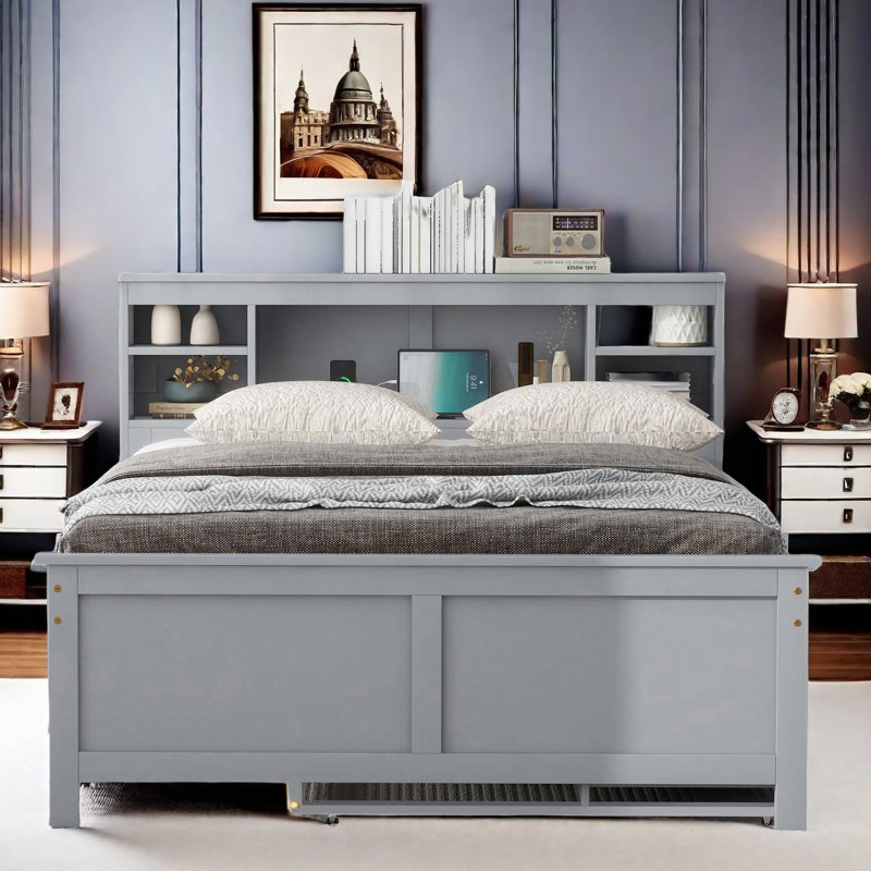 Shamillia Platform Bed with Storage Headboard, USB, Twin Size Trundle and 3 Drawers, Gray