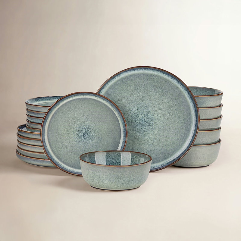  Service de table 18 pièces en céramique verte pour 6 assiettes, assiettes à dessert et bols cuits au four, Vert