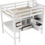 Lit mezzanine double blanc avec bureau en forme de L, tiroirs multifonctionnels, armoire et escalier de rangement avec décoration pratique et peu encombrante