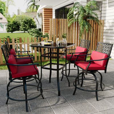 5PCS Patio Swivel Bar Set With 4 Swivel Chairs Red Cushion And Glass Top Table