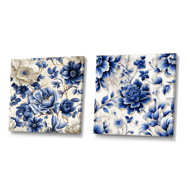Motif néo-victorien à motif cobalt victorien II - ensemble de collage carré floral de 2, H 16 po x l 33 po, Toile tendue