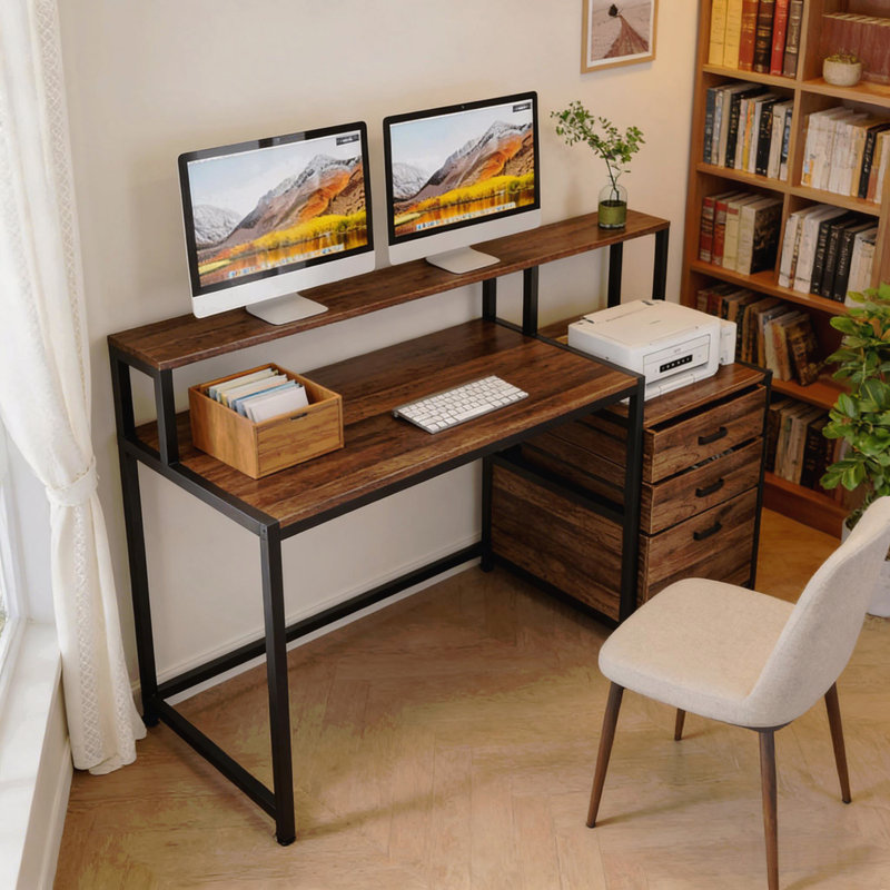 Bureau, bureau d'ordinateur spacieux, bureau d'écriture avec support pour écran surélevé, Brown/Black
