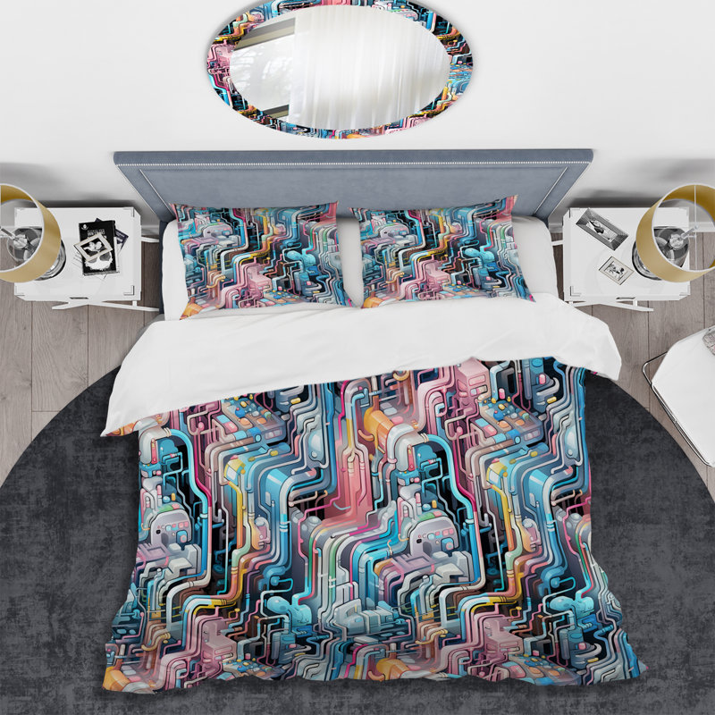 Techno Matrix Futuristic Dreams Edm Pattern II Abstract Duvet Cover, Queen Duvet Cover + 2 Standard Shams