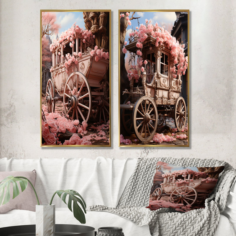 Romantisme, charriot de mariage rose, H 28 po x l 25 po, Cadre flottant doré