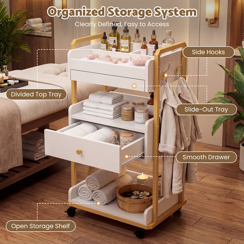 3-Tier Potable Station Rolling Cart with Locking Wheel, Mobile Storage for Salon, Spa, Office, Barber Shop, White
