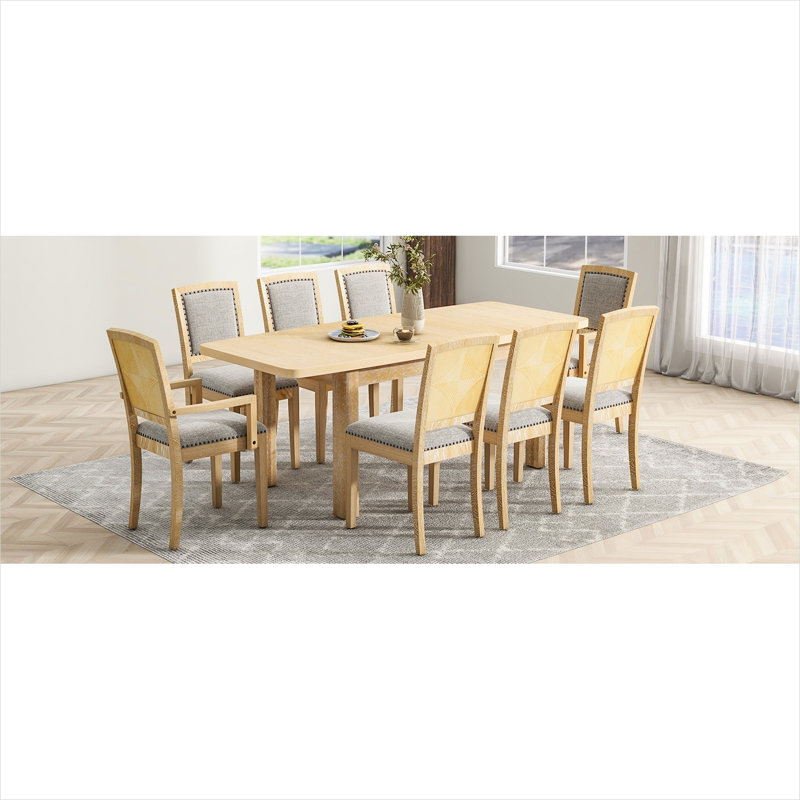 Ensemble de table de salle à manger rectangulaire extensible pour 8 personnes, bois d'hévéa brun naturel avec chaises rembourrées gris doux, 84 po