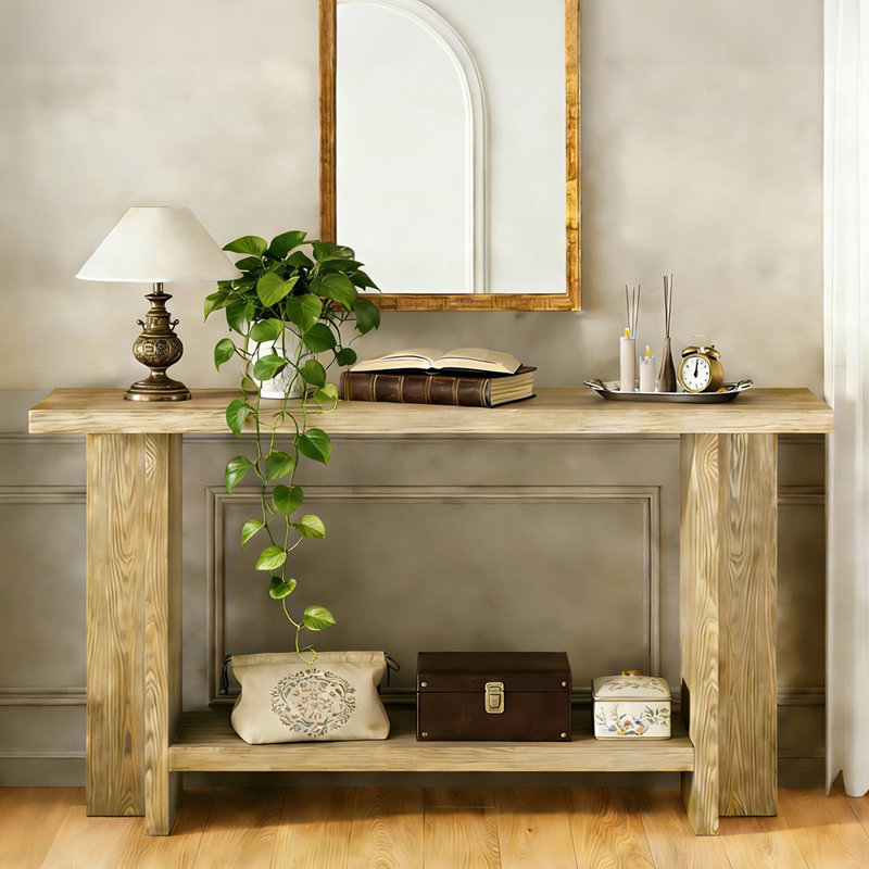 Console minimaliste en placage de frêne de 60 pouces avec pieds en forme de T, rangement à 2 niveaux pour le vestibule / salon
