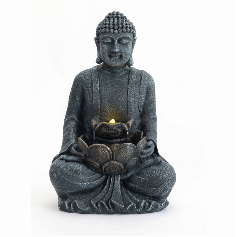 Zen-Style 2-Tier Meditating Buddha Water Fountain With Pump & LED Light, Outdoor Waterfall & Buddha Statue For Garden, Patio & Backyard, 28" Height