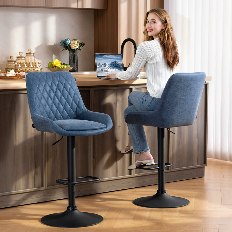 Upholstered Adjustable Height Counter Stool, Dark Blue