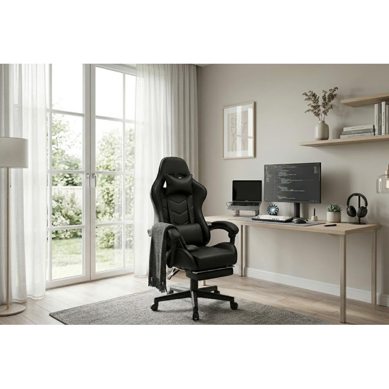 Ergonomic High-Back PC & Racing Chair With Massage Lumbar, Footrest & Adjustable Arms, Black