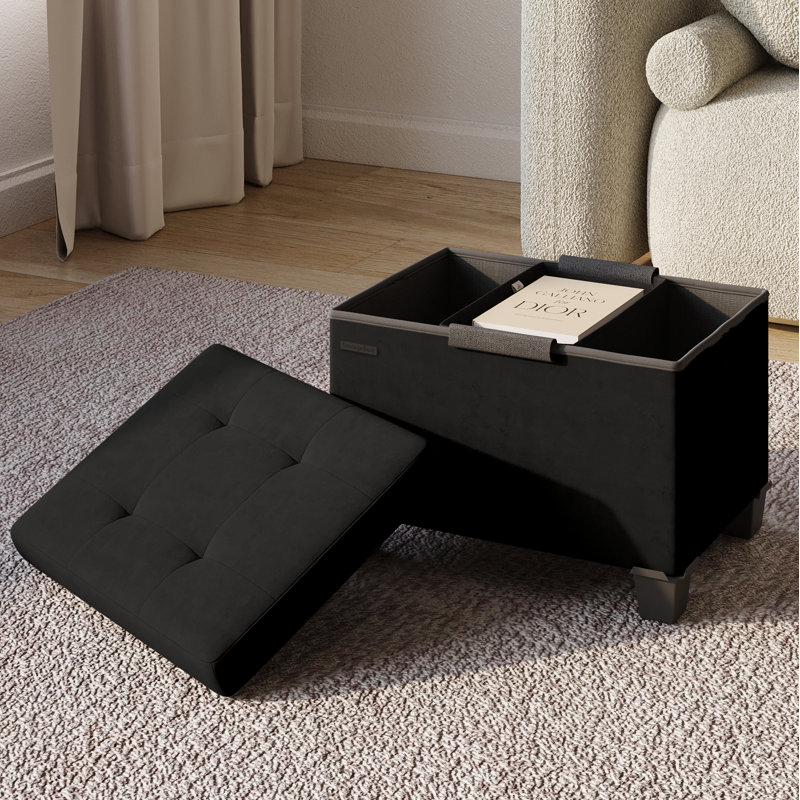 Banc repose-pieds en velours avec rangement amovible Nestl, H 11,5 po x l 16 po x P 10,5 po, Noir