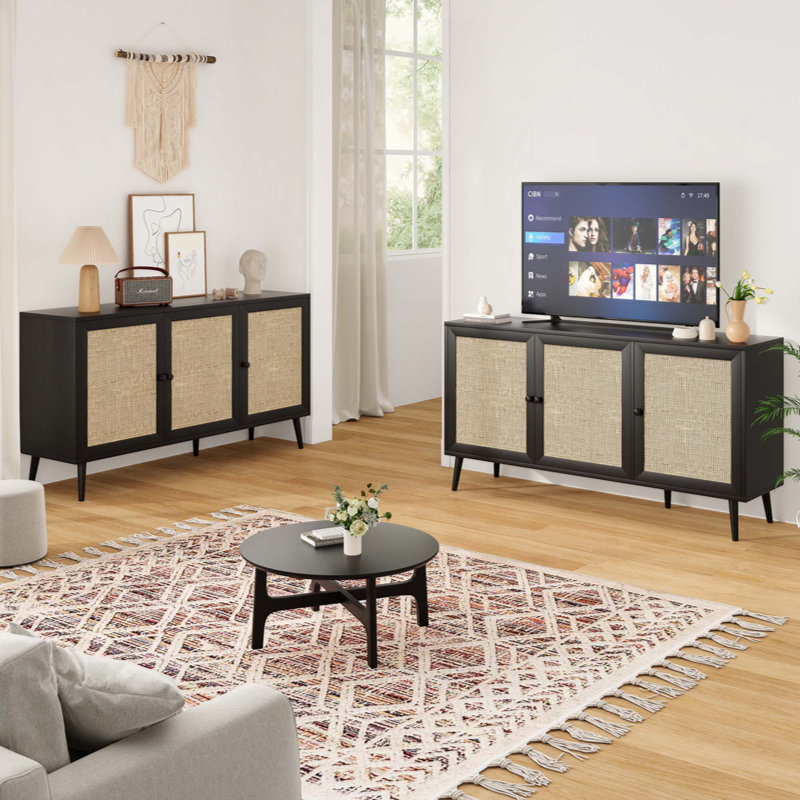 Buffet avec 3 portes en rotin, armoire de rangement moderne pour le salon de l'entrée, H 31,1 po x l 59,1 po x P 15,4 po
