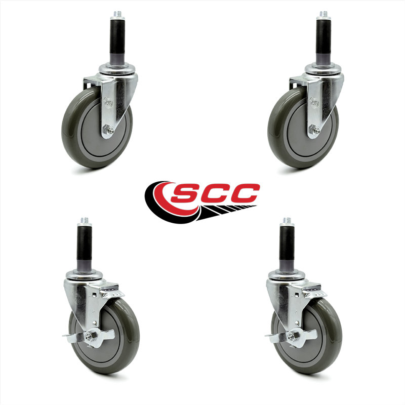 5 Inch Polyurethane Swivel 7/8 Inch Expanding Stem Caster Set 2 Brake SCC