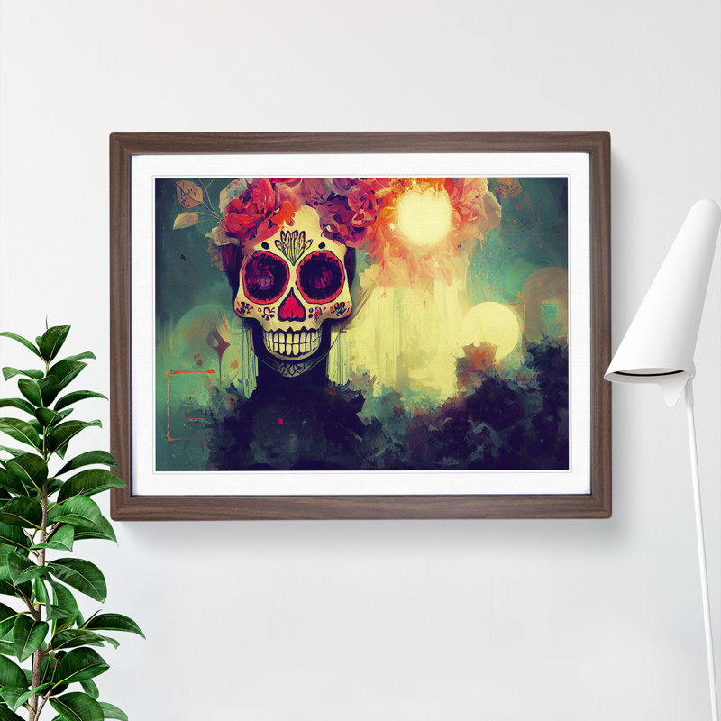 Sugar Skull Woman Vol.5 Abstract 1 Piece Single Picture Frame Painting, 25cm H x 34cm W x 2cm D, Walnut Framed