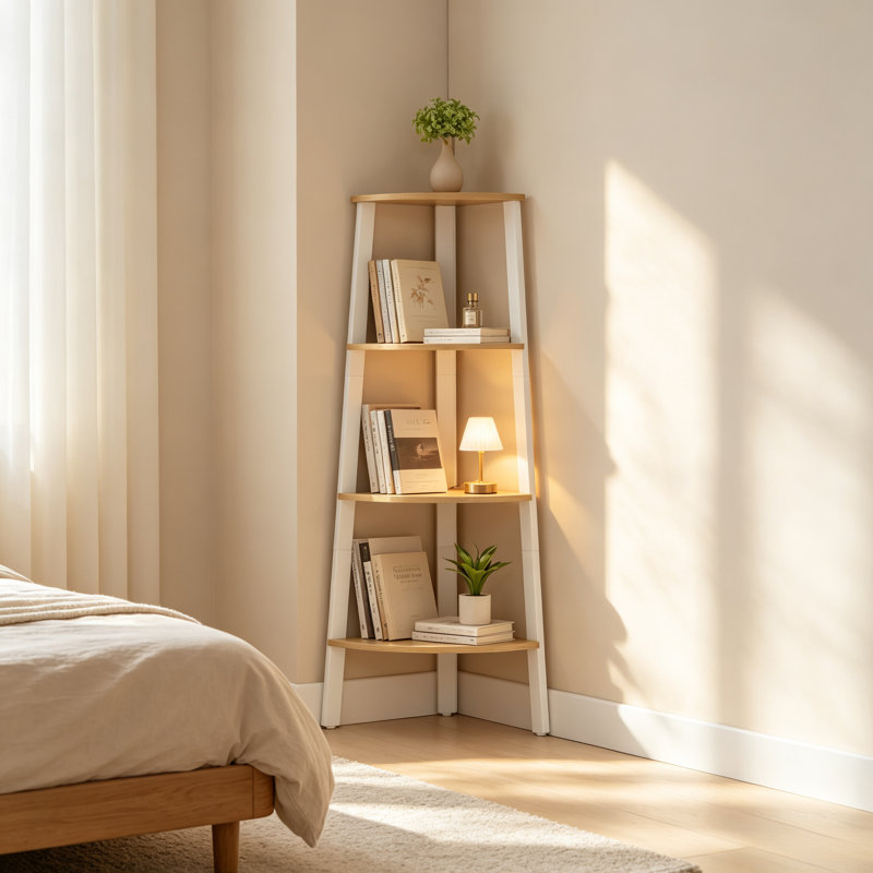 Étagère d'angle à 4 niveaux - Présentoir moderne peu encombrant, Chêne naturel