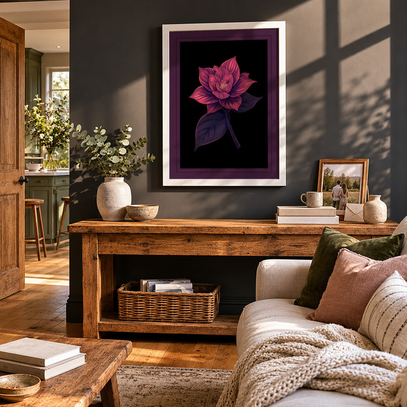 Lotus in Magenta Botanical - Framed Print, A1 - 84.1 x 59.4 cm, White