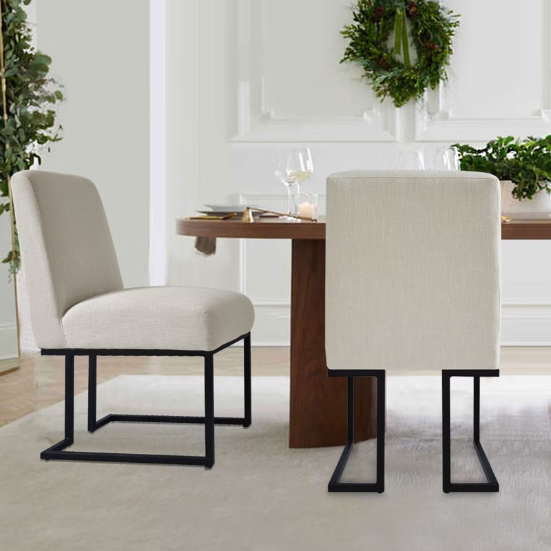 Bende Modern Fabric Upholstered Side Chairs with Metal Sled Base, Cream
