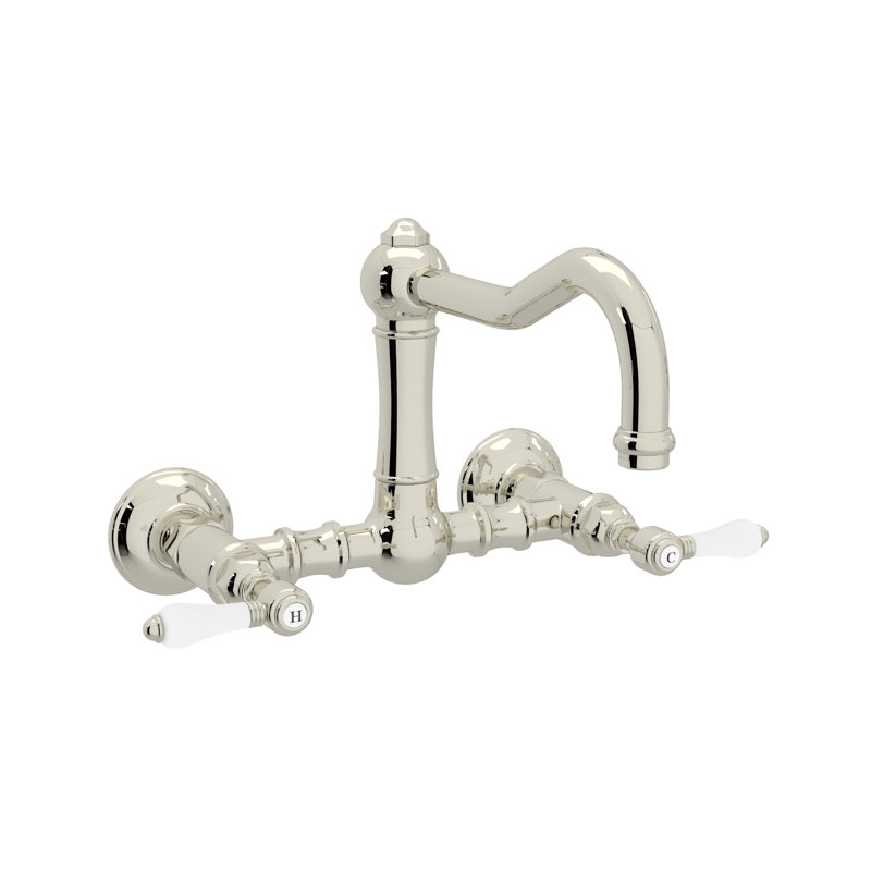 Acqui Wall Mount Bridge Kitchen Faucet With Column Spout, Polished Nickel/White