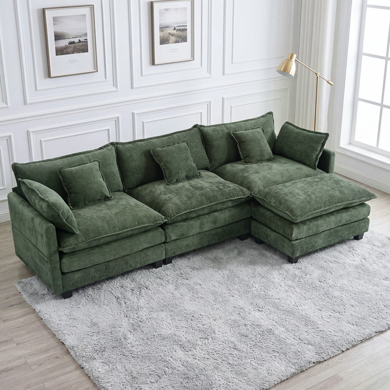 108" Modular Chenille Sectional Sofa with Movable Ottoman, Deep Seats, Side Pockets & 5 Pillows, Green Chenille