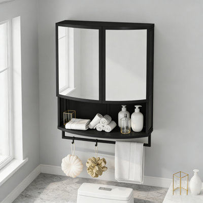 Armoire moderne en verre arqué 23,62 "à double porte avec miroir incassable en verre à double couche, tablette ouverte et porte-serviettes pour le vestibule, le salon, la salle de bain et la salle à manger
