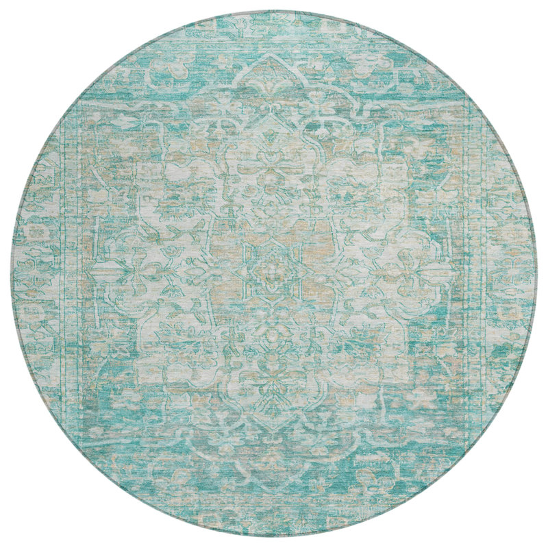 Machine Washable Indoor/Outdoor Xhevrie Teal Rug, Round 8'