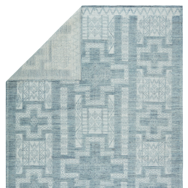 Cirus Hand Knotted Geometric Blue/ Ivory Area Rug (6''X9''), Blue/Ivory, Rectangle 10' x 14'