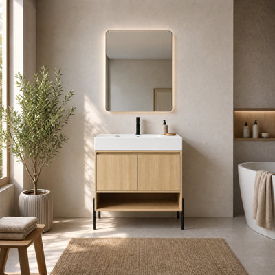 Ensemble de meuble-lavabo 36 po avec lavabo en résine, 2 portes à fermeture douce, ensemble de meuble-lavabo en bois massif multicouche finition chêne pour salle de bain, salle d'eau