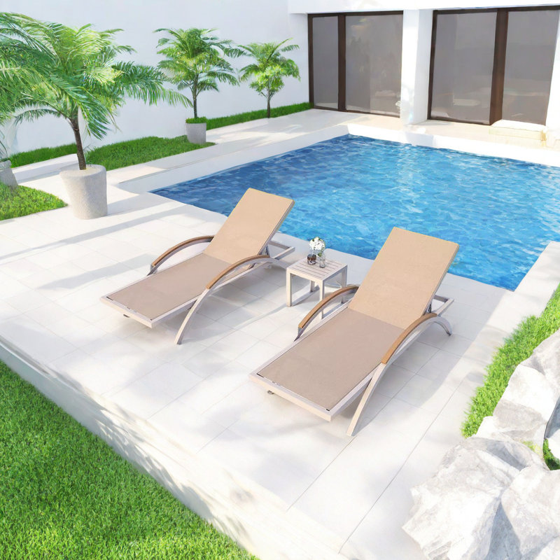 Outdoor Chaise Lounge Set with Table, Beige/White