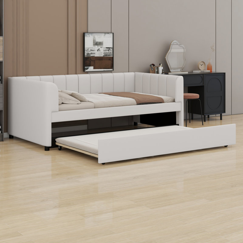 Lit de jour rembourré avec dossier ergonomique et lit gigogne, Beige