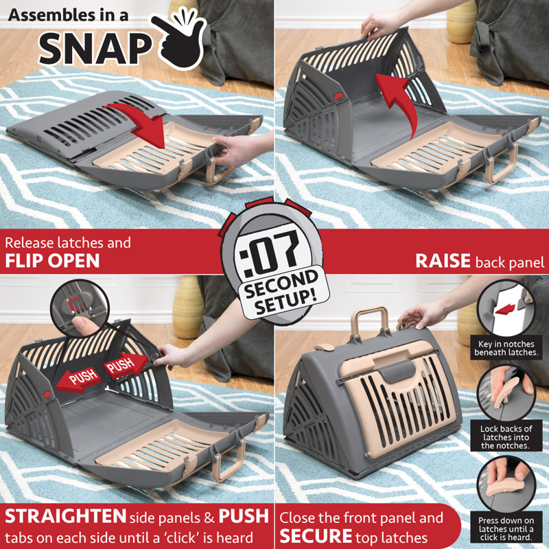 Plastic Collapsible Pet Carrier with 1 Door, Gray/Beige